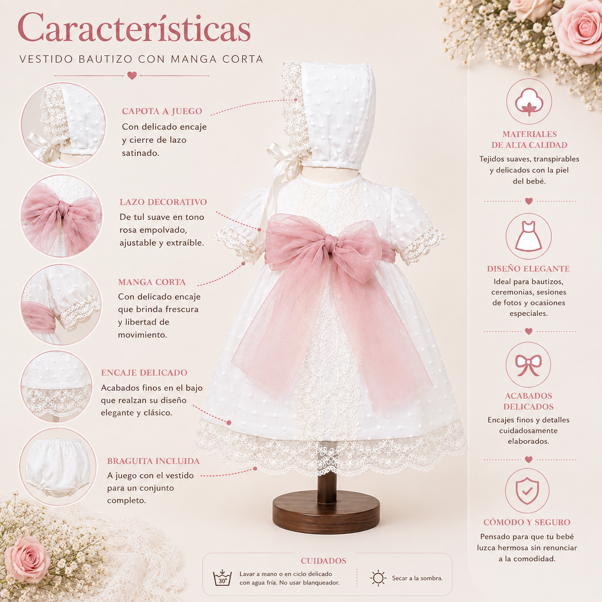 Vestido tul bordado con capota y manga larga