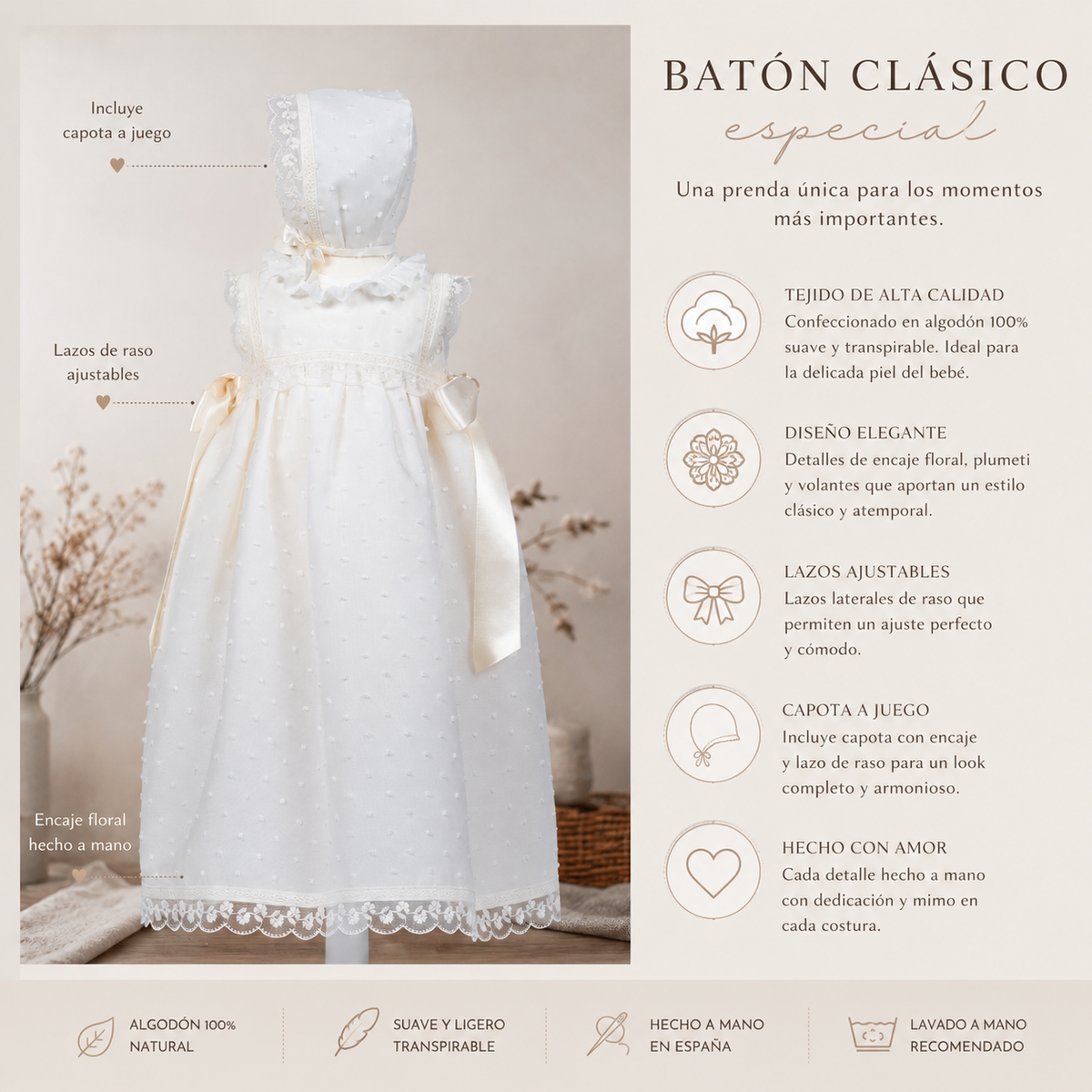 Batón plumeti de Organza con capota