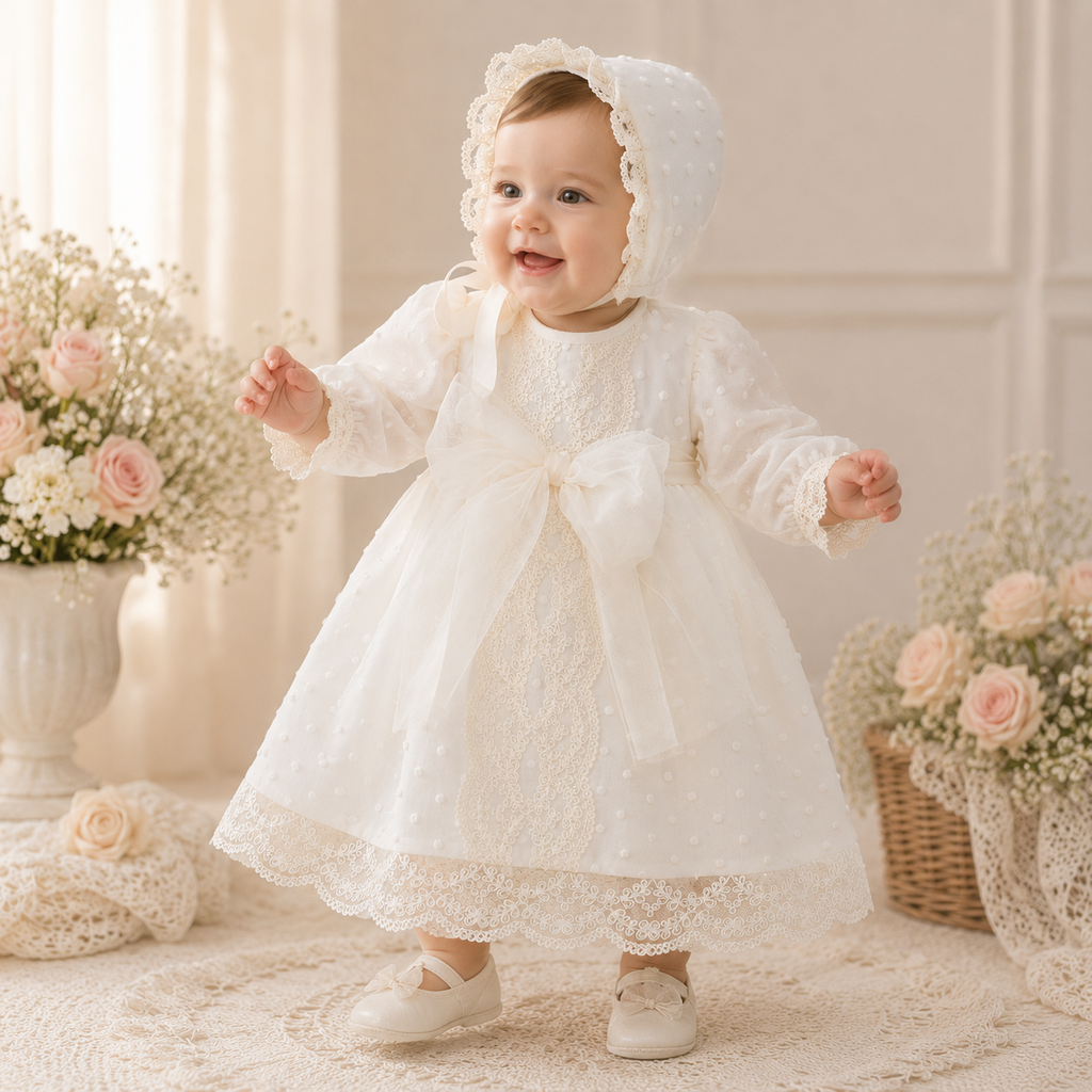 Vestido tul bordado lazo beige manga larga