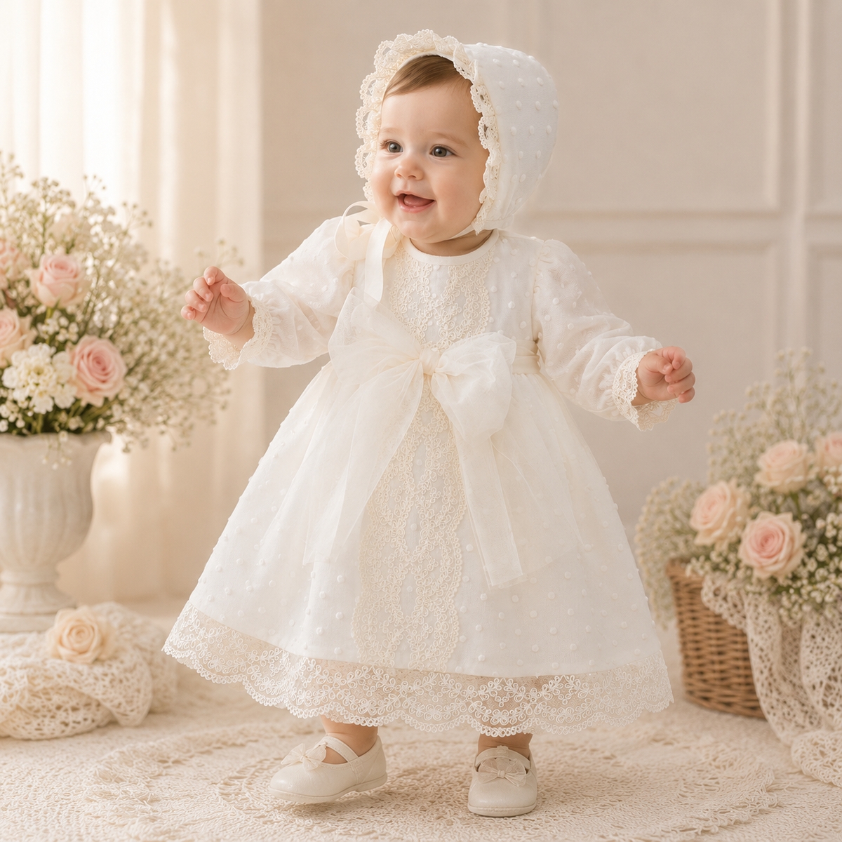 Vestido tul bordado lazo beige manga larga
