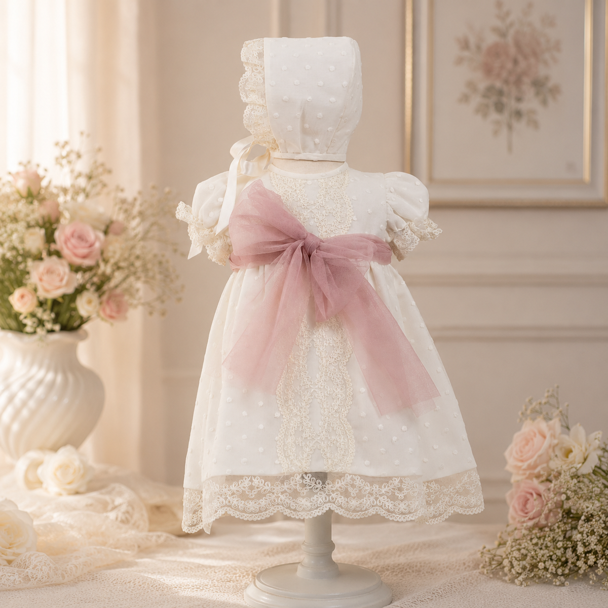 Vestido tul bordado con capota y manga larga