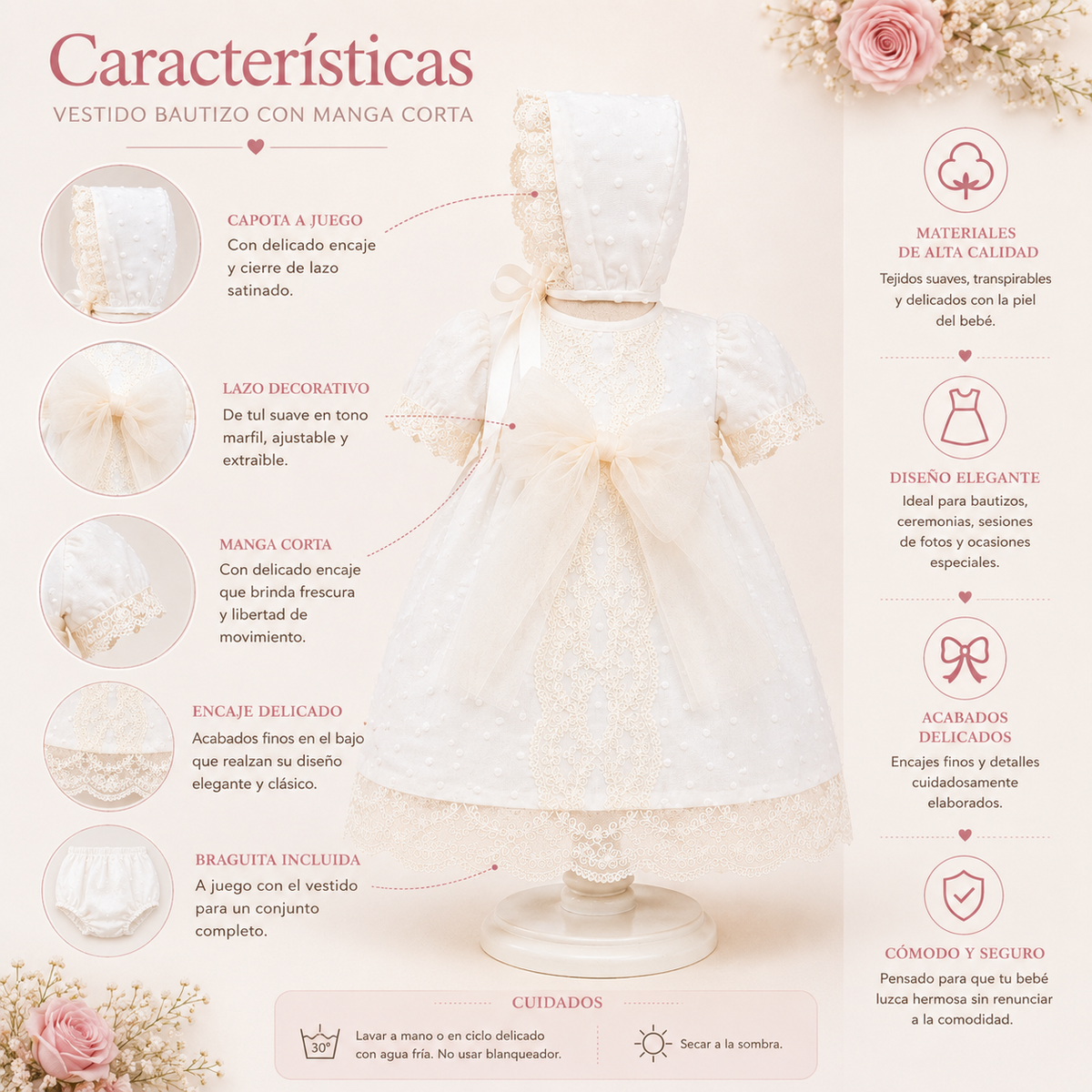 Vestido tul bordado lazo beige manga larga