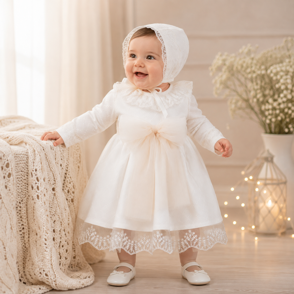 Vestido lazo con capota manga larga