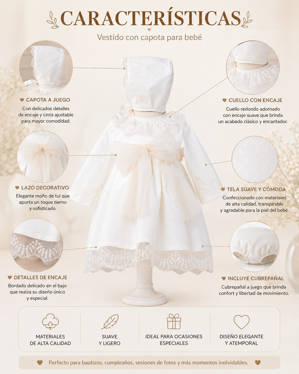 Vestido lazo con capota manga larga