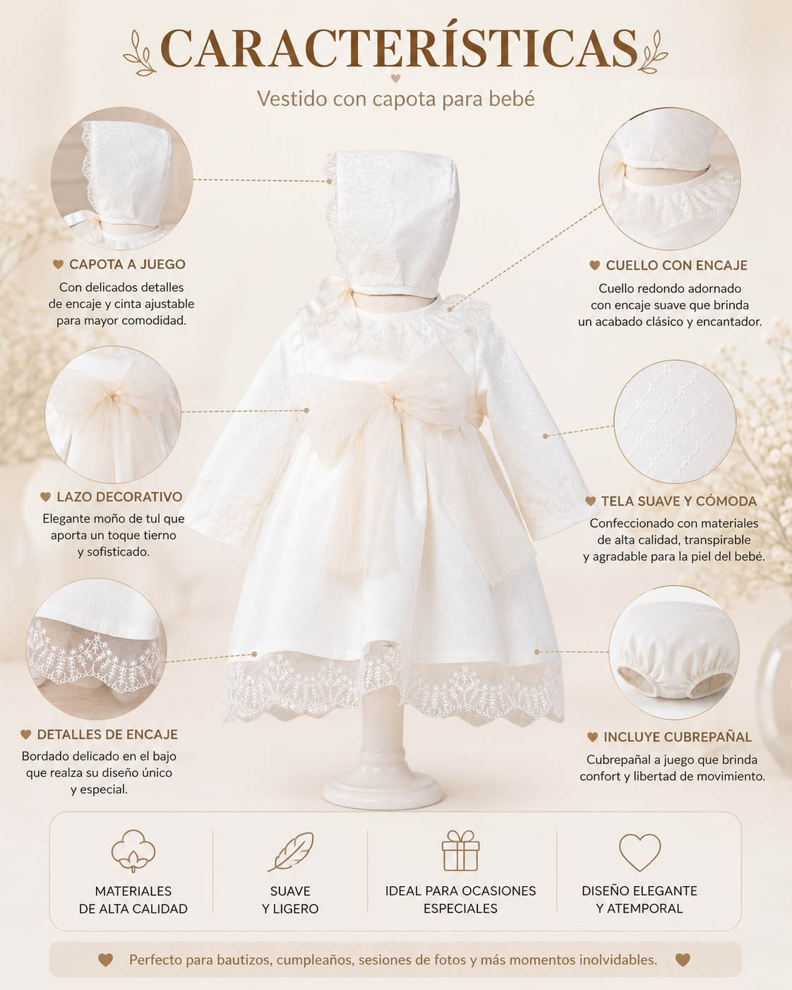 Vestido lazo con capota manga larga