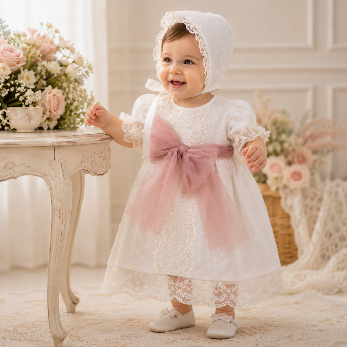 Vestido tul bordado con capota y manga larga