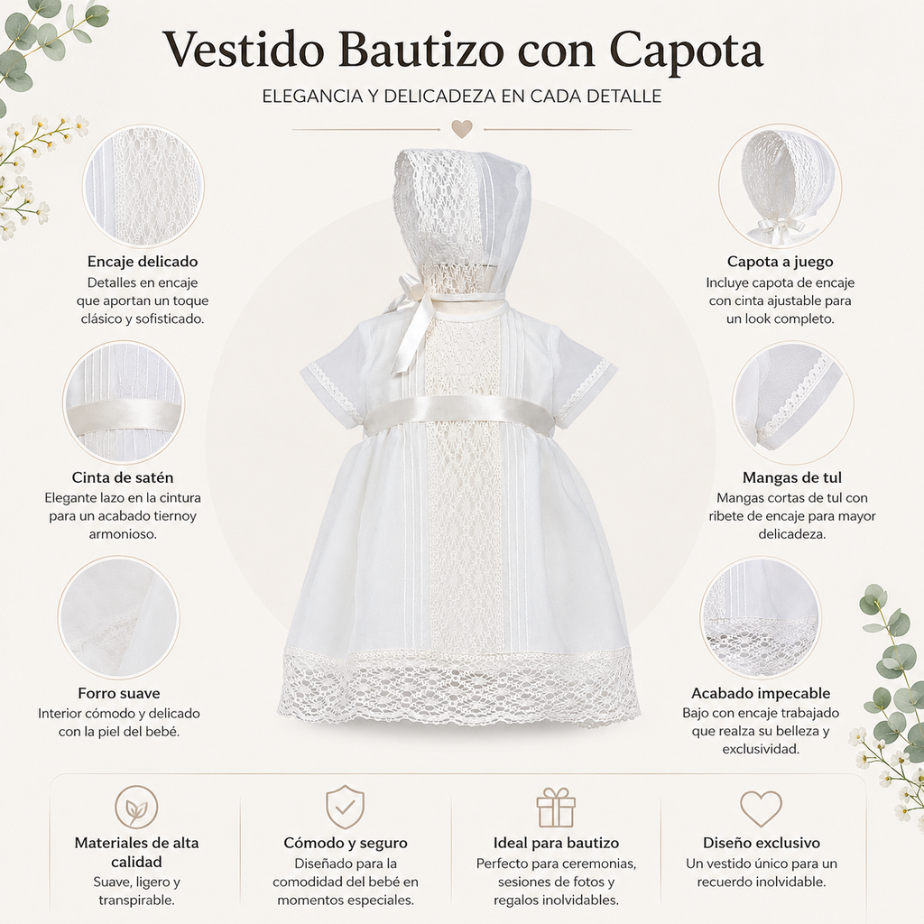 Vestido cristal jarestas con capota manga corta