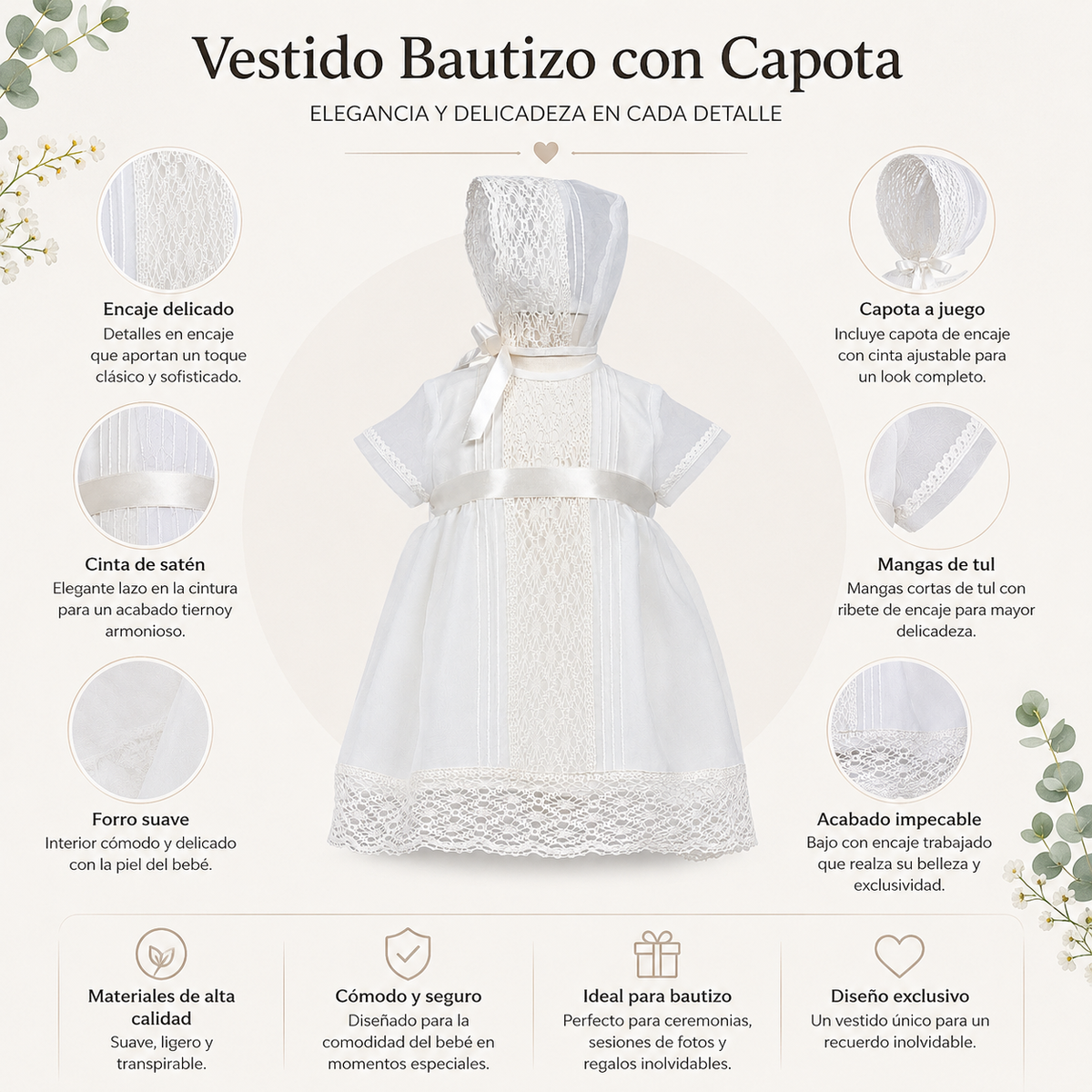 Vestido cristal jarestas con capota manga corta