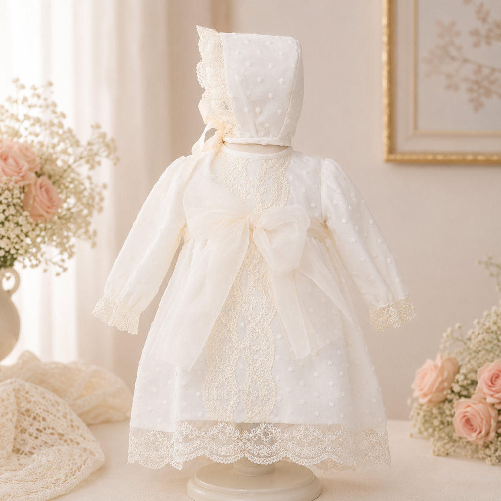 Vestido tul bordado lazo beige manga larga