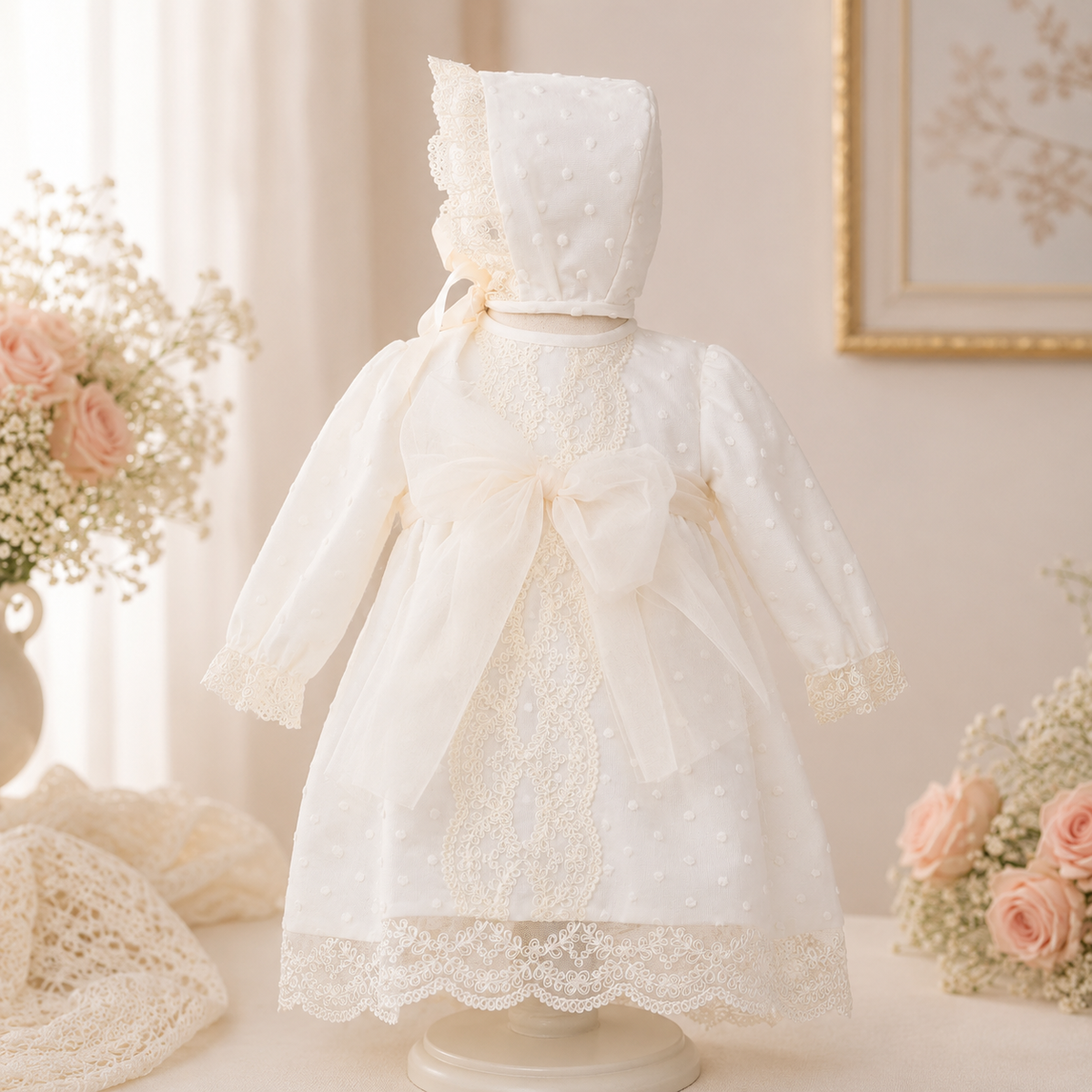 Vestido tul bordado lazo beige manga larga
