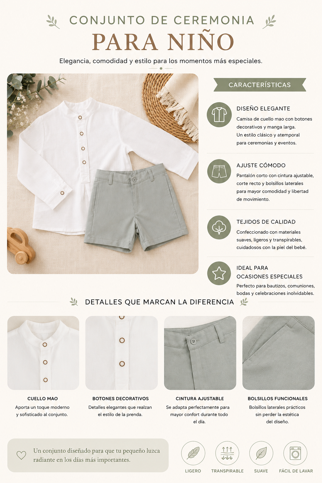 Conjunto niño camisa botones isla canela